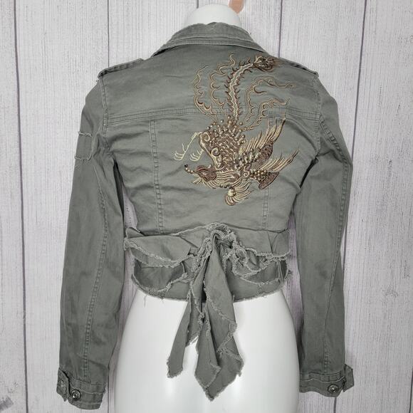 Haute Monde Raw Hem Dragon Embroidered Green Fringe Denim Jacket Womens Small - Picture 8 of 10